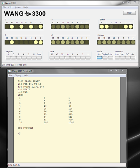 (Image of Wang 3300 emulator running a program)